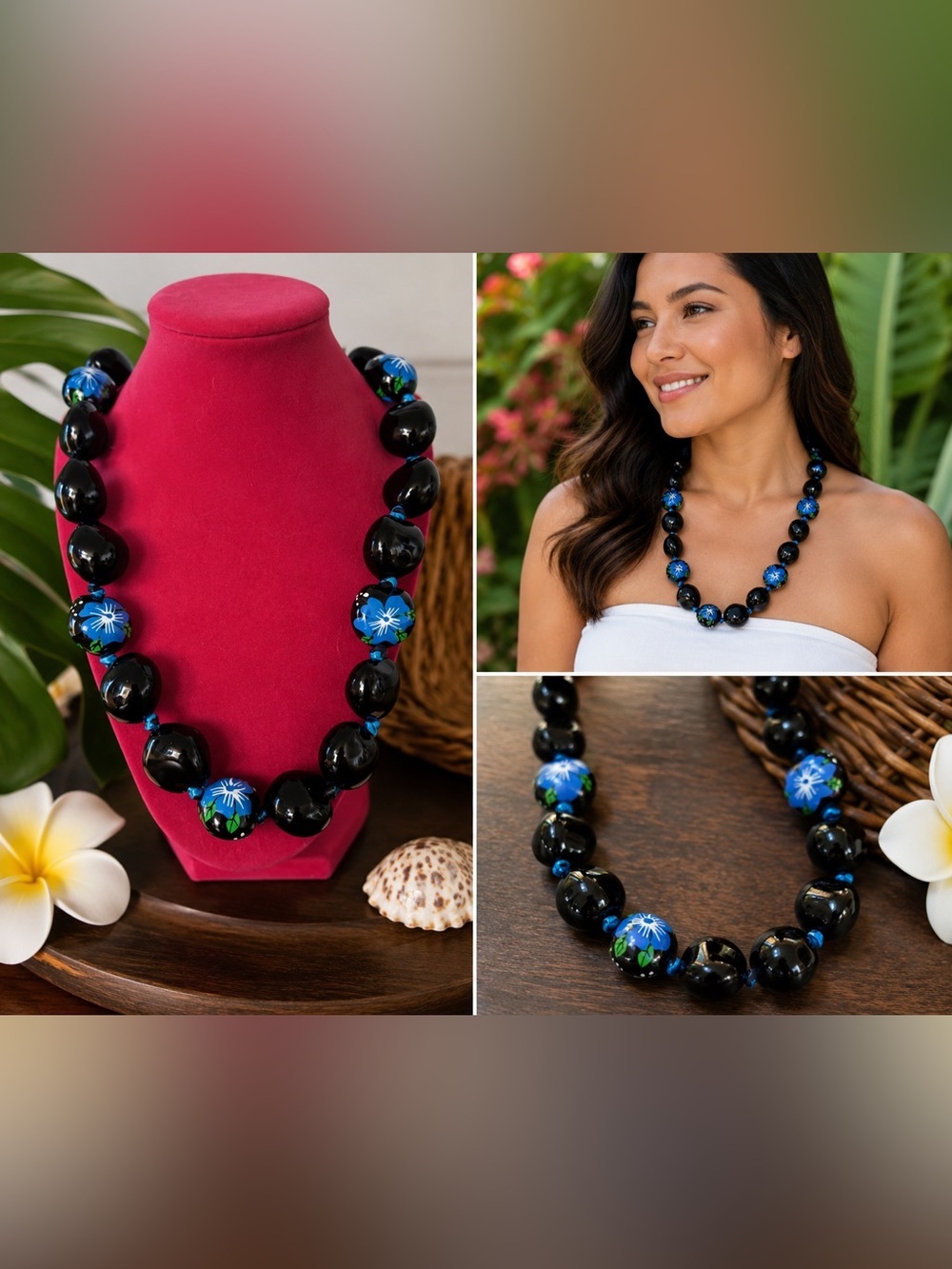 Hawaiian Kukui Nut Lei Necklace Blue Floral Black Bead Tropical 36” - Picture 1 of 3